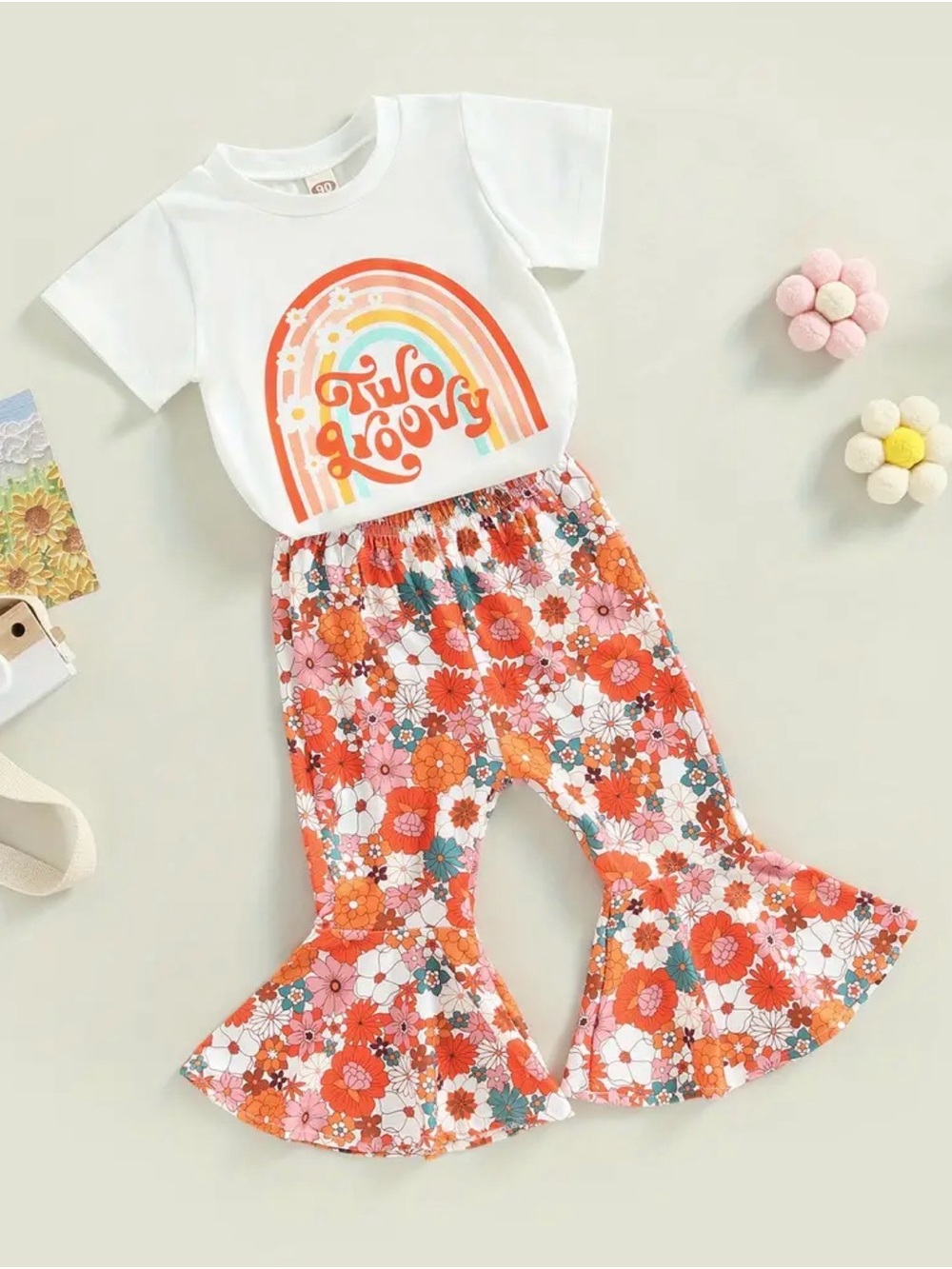 Girls 'Two Groovy' Rainbow Graphic Tee and Floral Bell Bottom Pants
